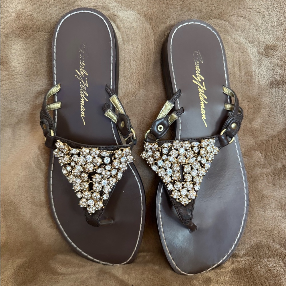 Beverly Feldman Gold and Brown Beaded Sandals
